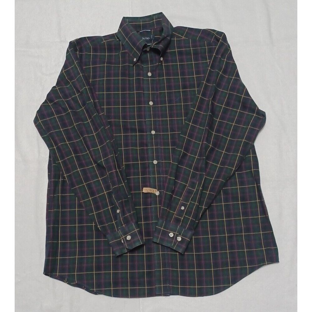 Nautica Mens Plaid Button Down Shirt Green Navy Wrinkle Resistant Large L‎